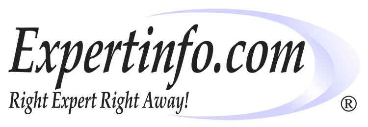 Expertinfo.com logotype is italic letters framed on the right side by a purple crescent shaped swoosh.