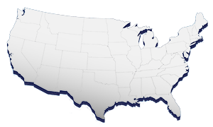 A graphic map of the continental united states with a blue drop-shadow.