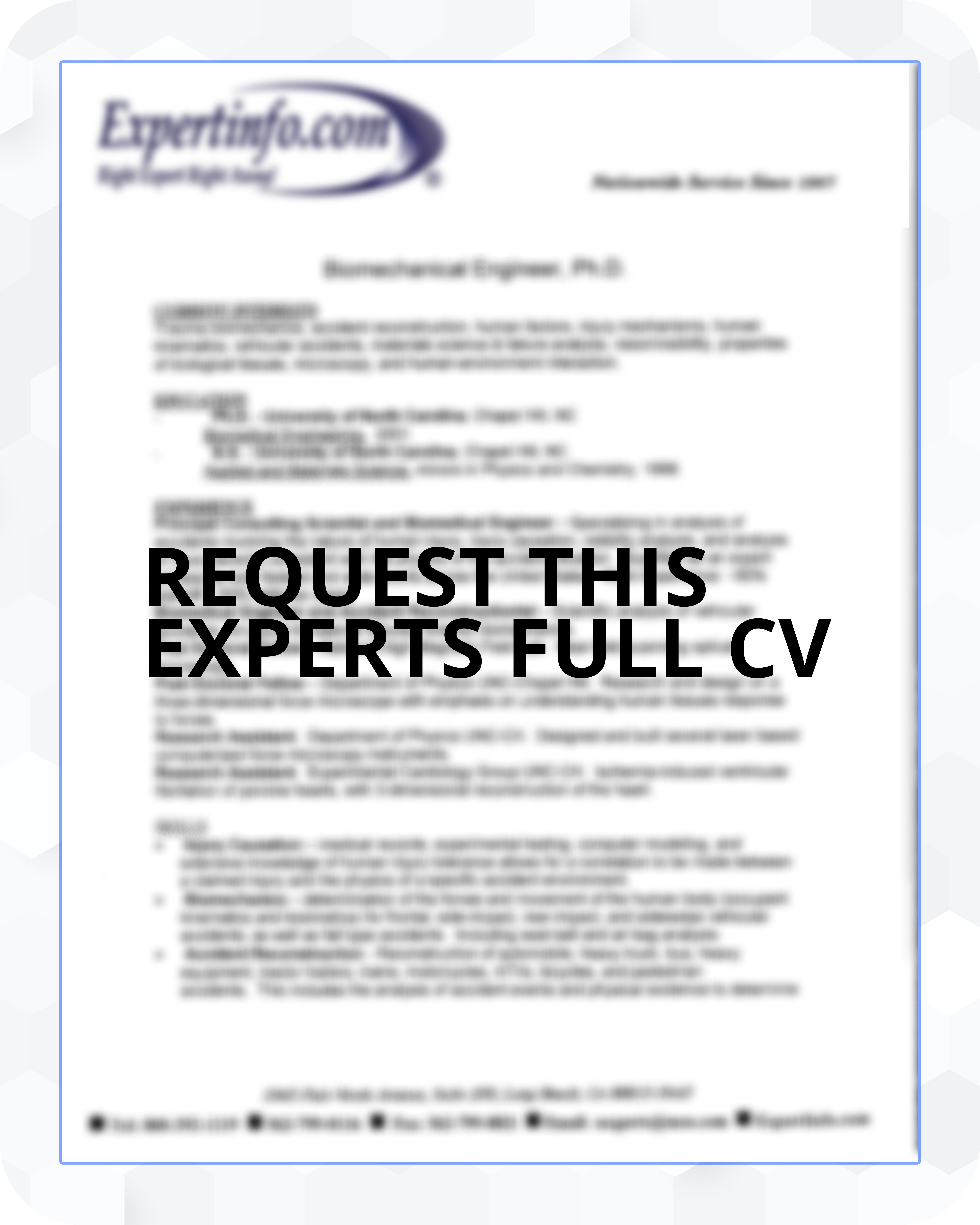 A blurry image of a generic CV with a message in bold capital letters, "REQUEST THIS EXPERTS FULL CV"